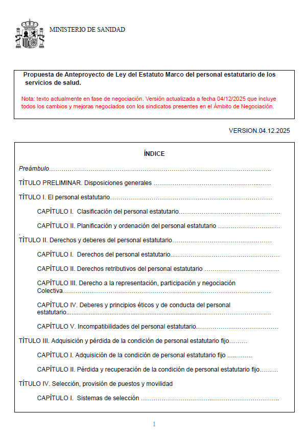 Portada del Documento Propuesta de Anteproyecto de Ley del Estatuto Marco del personal estatutario de los servicios de salud