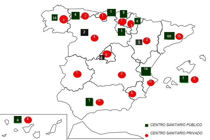 Mapa de España de la distribución de centros que han notificado I.V.E.s, según Comunidad Autónoma y dependencia patrimonial. España, 2022