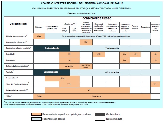 Calendario de vacunación en Grupos de Riesgo, población adulta