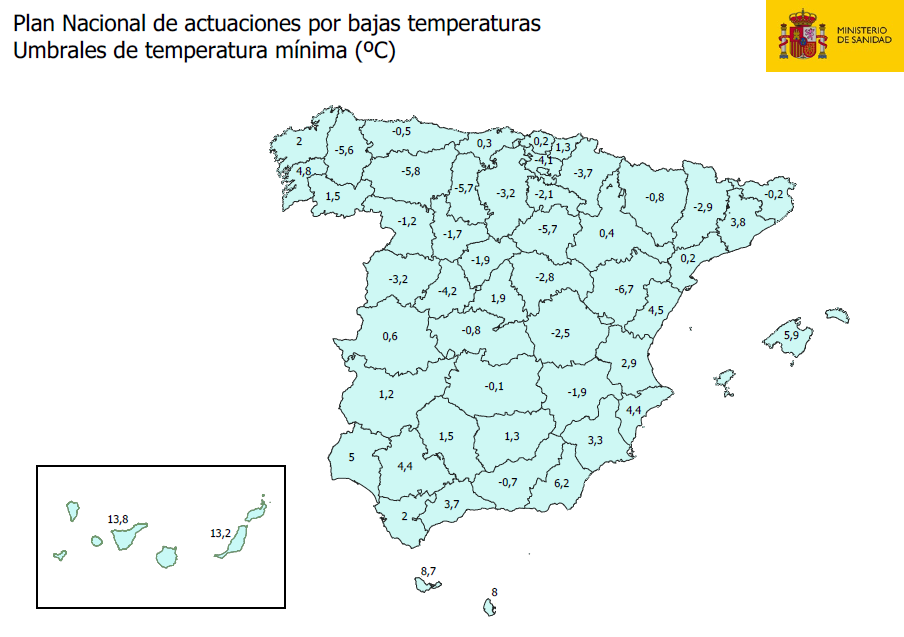 Plan Nacional de actuaciones por bajas temperaturas. Umbrales de temperatura mínima(ºC)