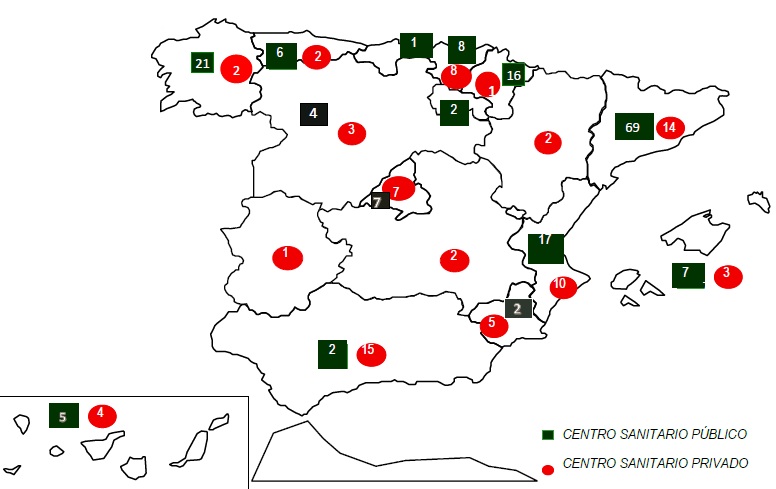 Mapa de España de la distribución de centros que han notificado I.V.E.s, según Comunidad Autónoma y dependencia patrimonial. España, 2024
