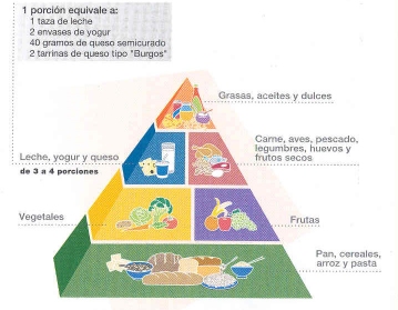Pirámide alimenticia. En la base (primer nivel) se situan el pan, los cereales, el arroz y la pasta. El segundo nivel, por encima de la base, corresponde a frutas y vegetales. El tercer nivel se compone de lácteos, carnes, aves, pescado, legumbres, huevos y frutos secos. El último y cuarto nivel, en lo alto de la pirámide, corresponde a grasas, aceites y dulces.