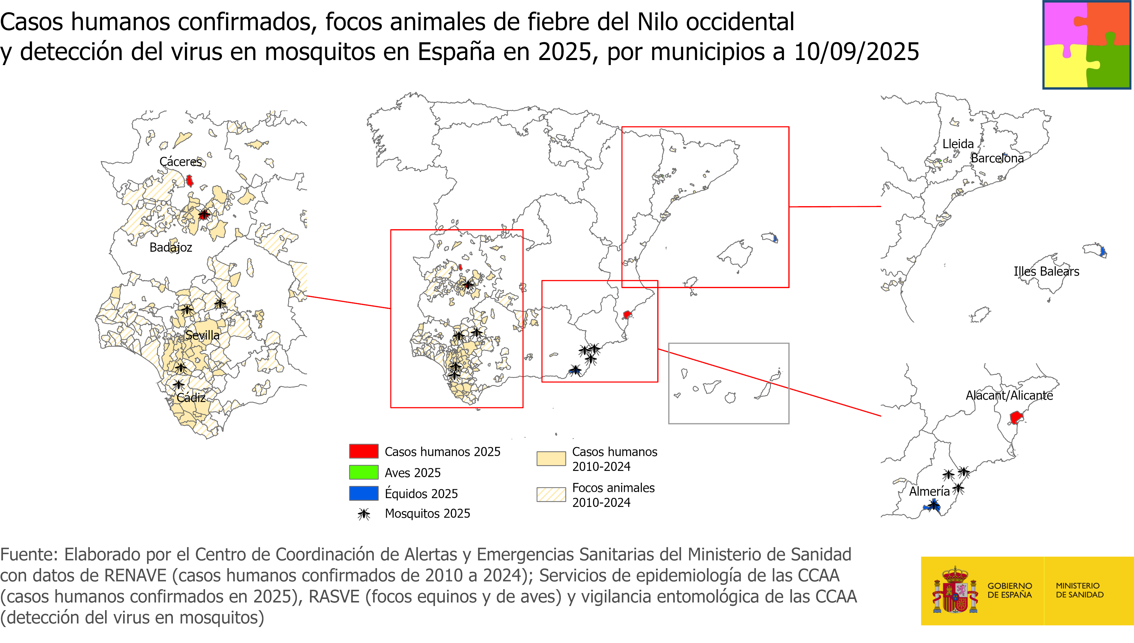 Casos humanos confirmados y focos animales en España en la temporada 2025