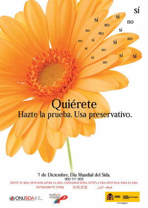 Cartel campaña. Día mundial del Sida 2010. Quiérete. Hazte la prueba. Usa preservativo.